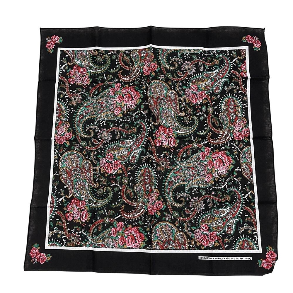 Vintage Wamcraft Bandana‎ RN 14193 Black Pink Paisley Cottagecore Coquette 22x22
